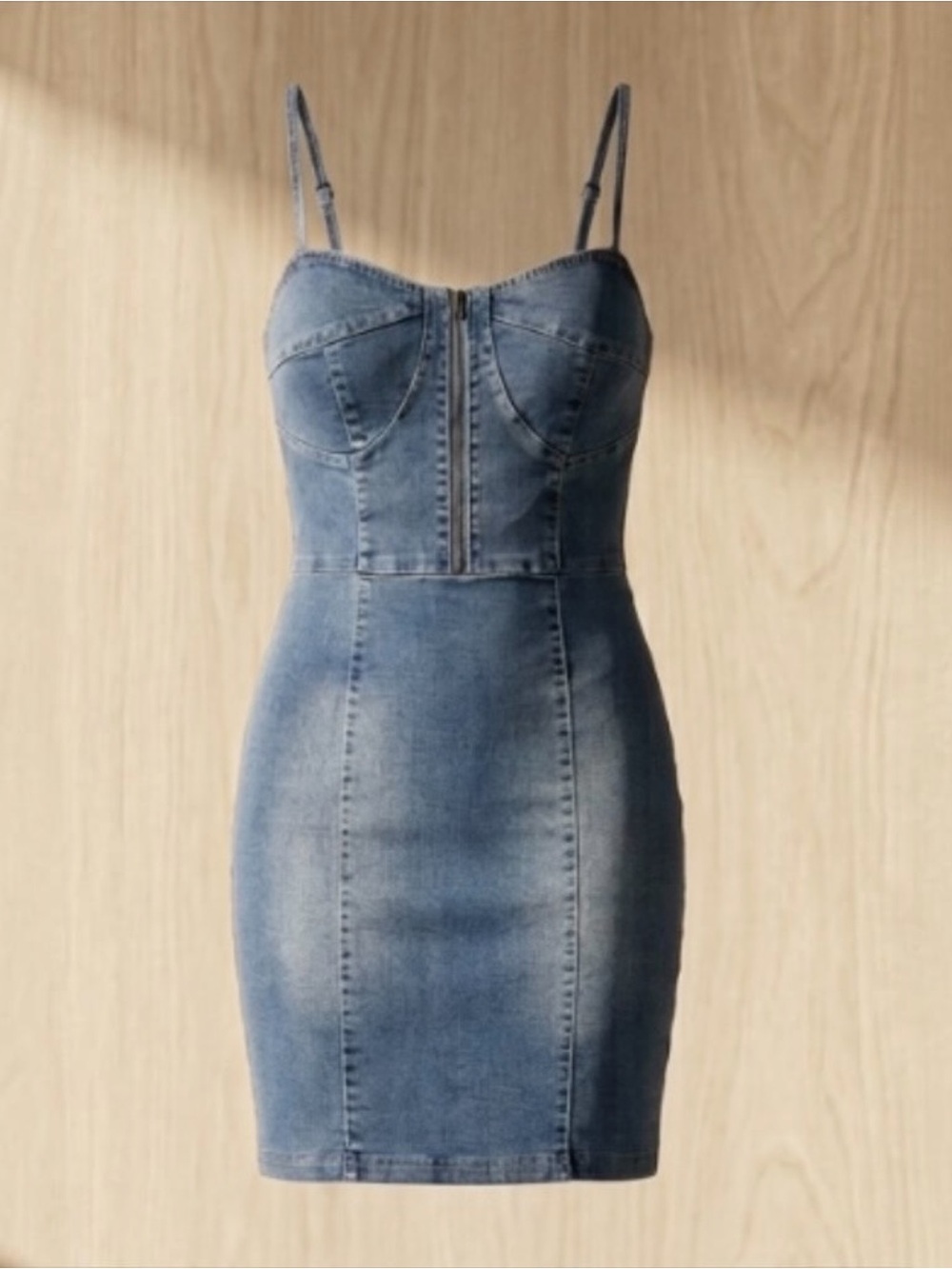 Fashion Nova Light Blue Denim Bustier With Front Zipper Mini Dress Sz S